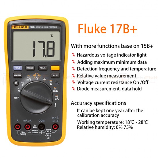 Fluke 17B+ Digital Multimeter Auto Range for AC/DC Voltage Resistance